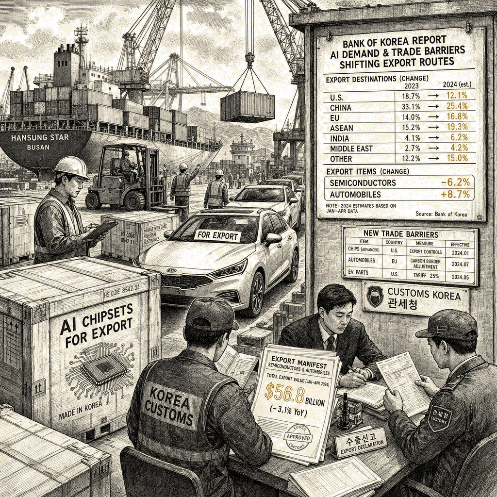 Illustration accompanying article: AI demand, trade barriers shift South Korea's chip and auto exports