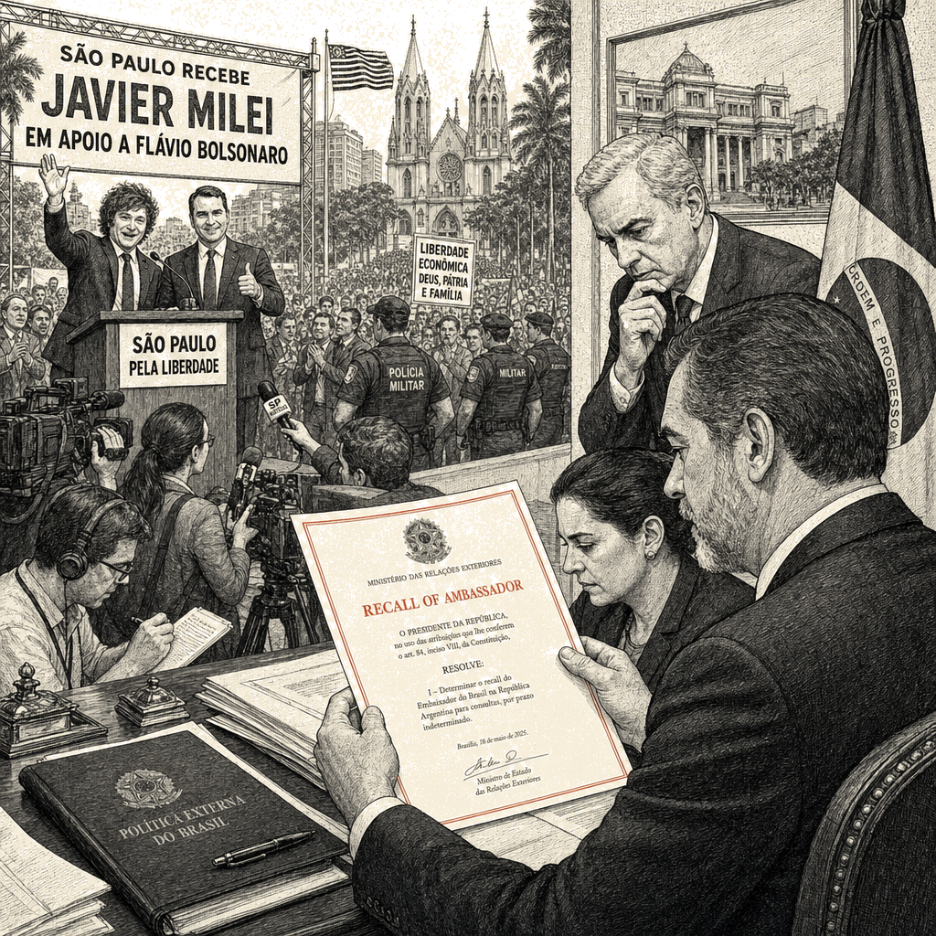Illustration accompanying article: Brazil recalls ambassador to Argentina after Milei endorses Flávio Bolsonaro in São Paulo