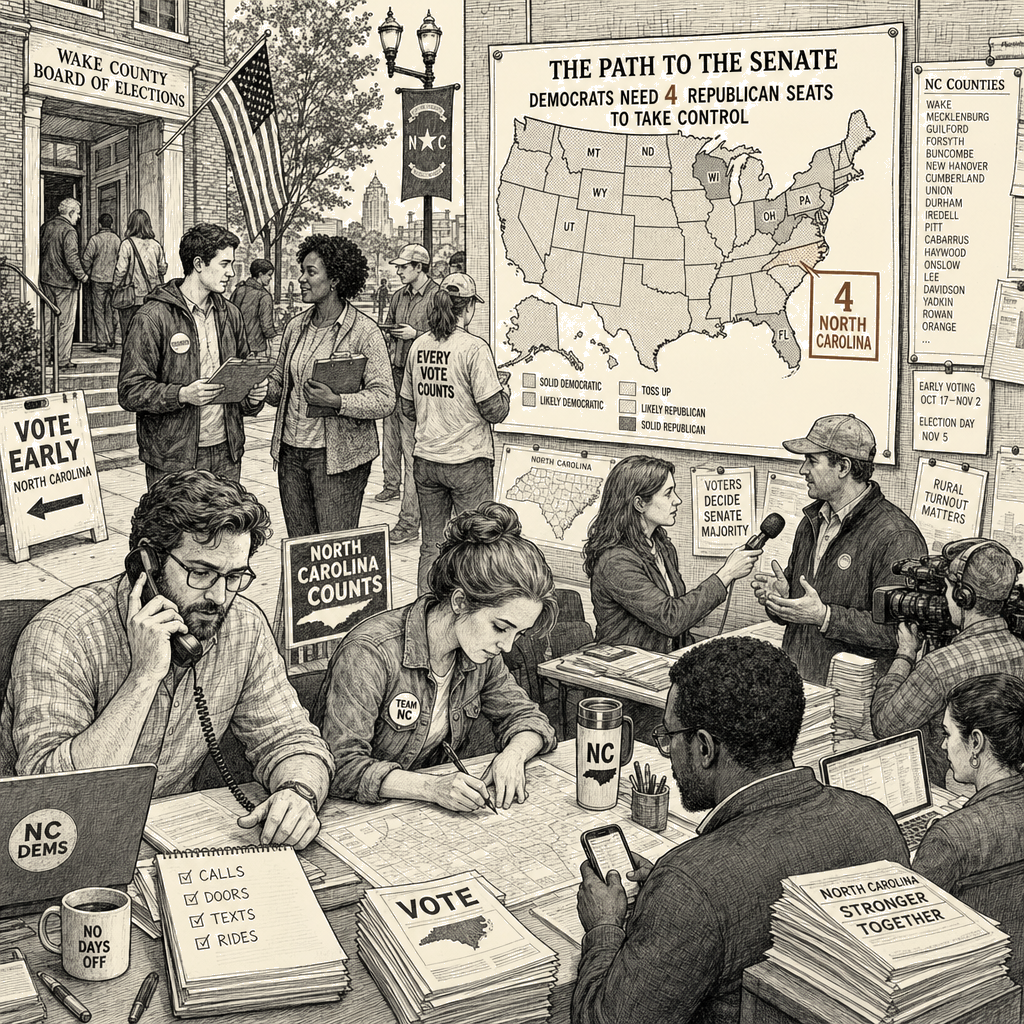 Illustration accompanying article: Democrats see best pickup chance in North Carolina as Senate map shifts