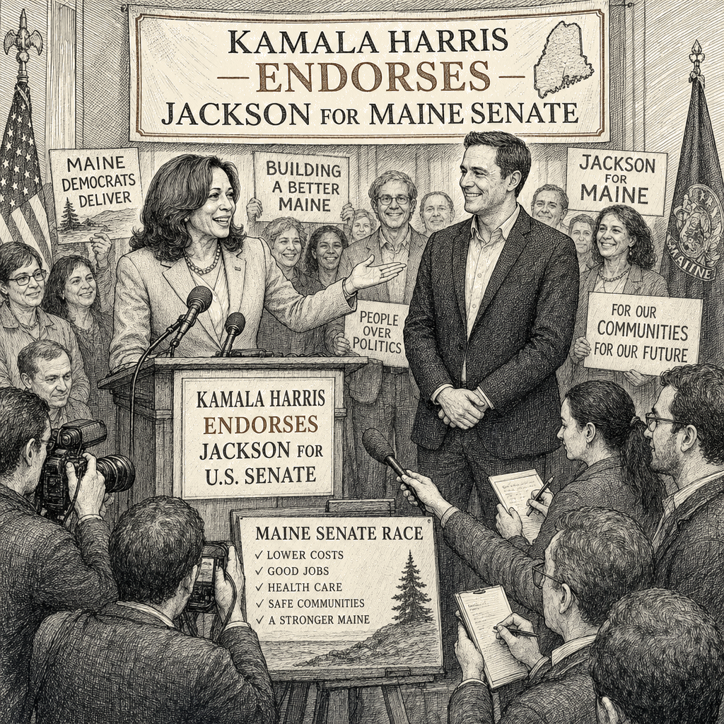 Illustration accompanying article: Harris endorses Jackson in Maine Senate race, boosting Democratic bid