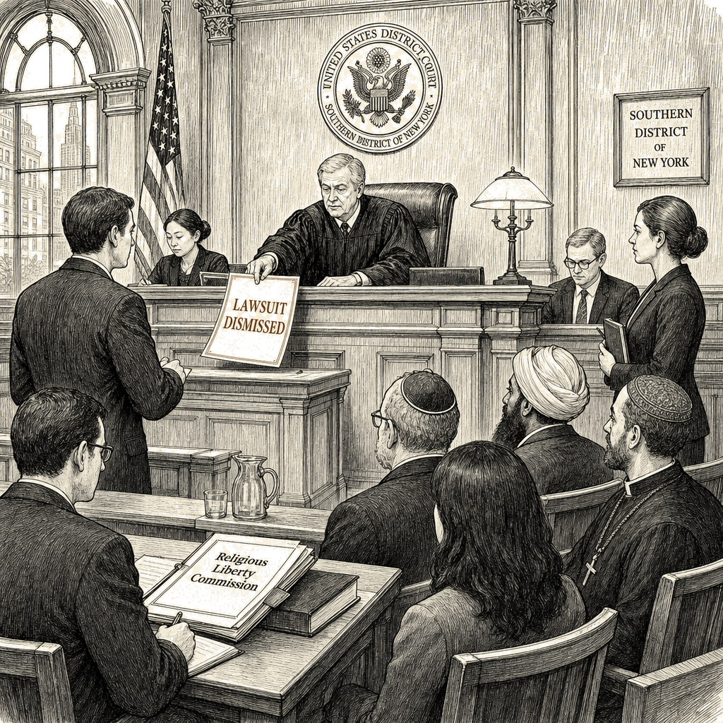 Illustration accompanying article: Judge tosses lawsuit over makeup of Trump's Religious Liberty Commission