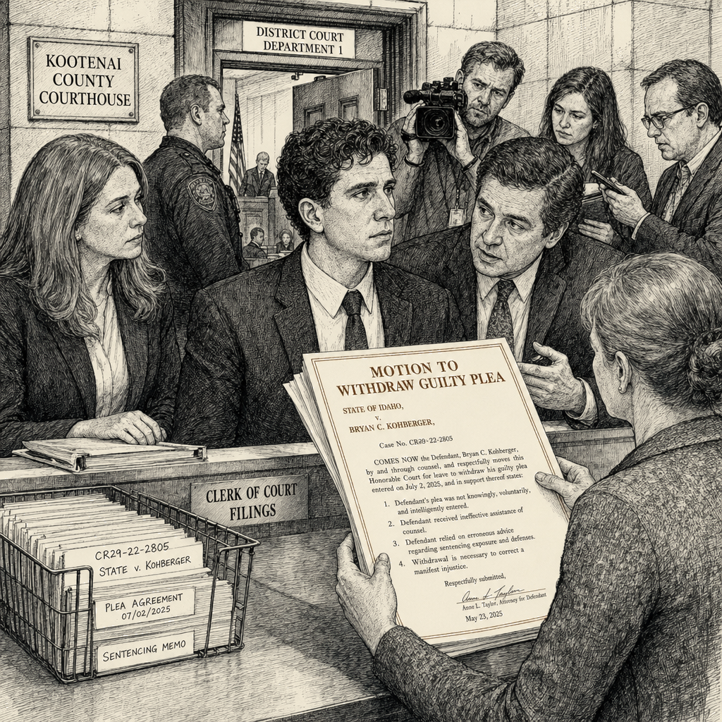 Illustration accompanying article: Kohberger claims innocence, moves to withdraw guilty plea in Idaho killings