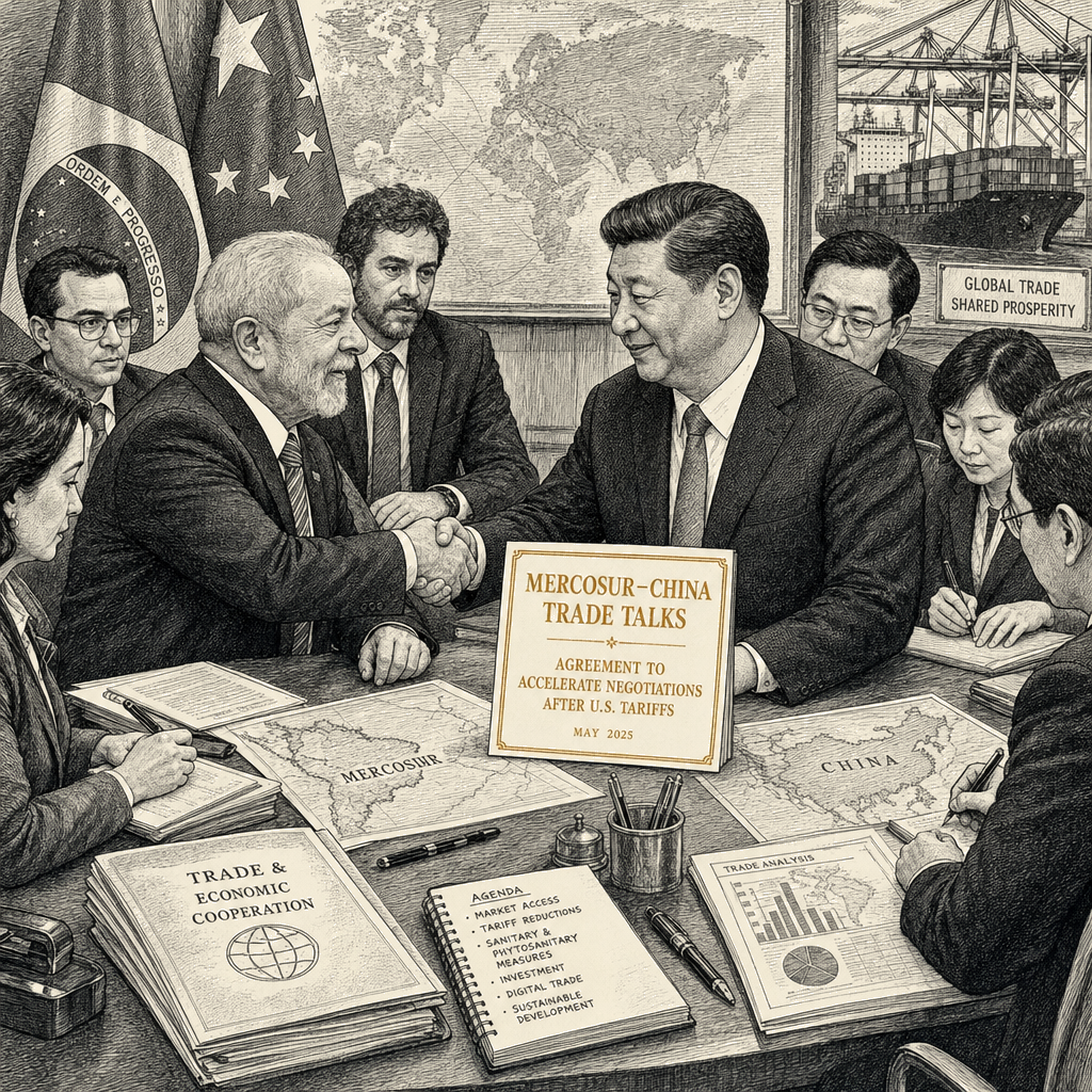Illustration accompanying article: Lula and Xi agree to accelerate Mercosur-China trade talks after U.S. tariffs