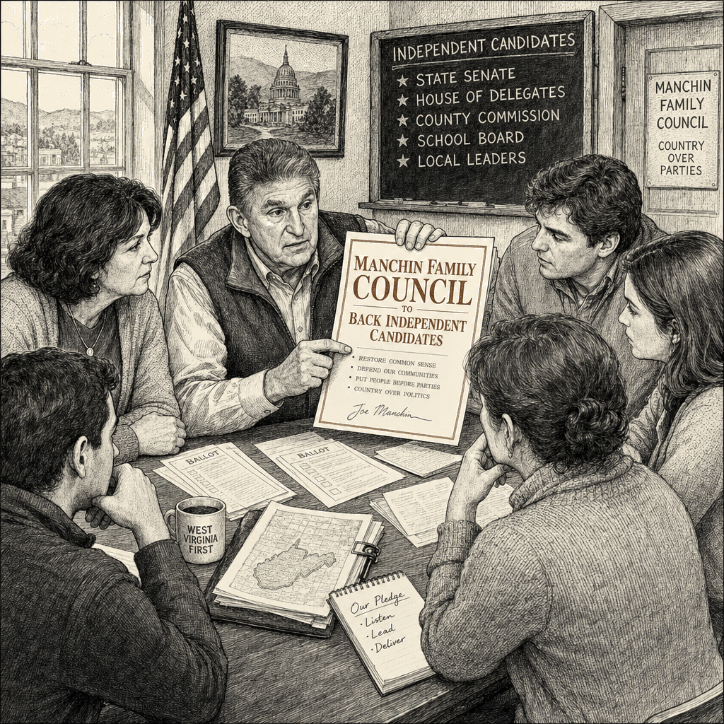 Illustration accompanying article: Manchin family forms council to back independent candidates