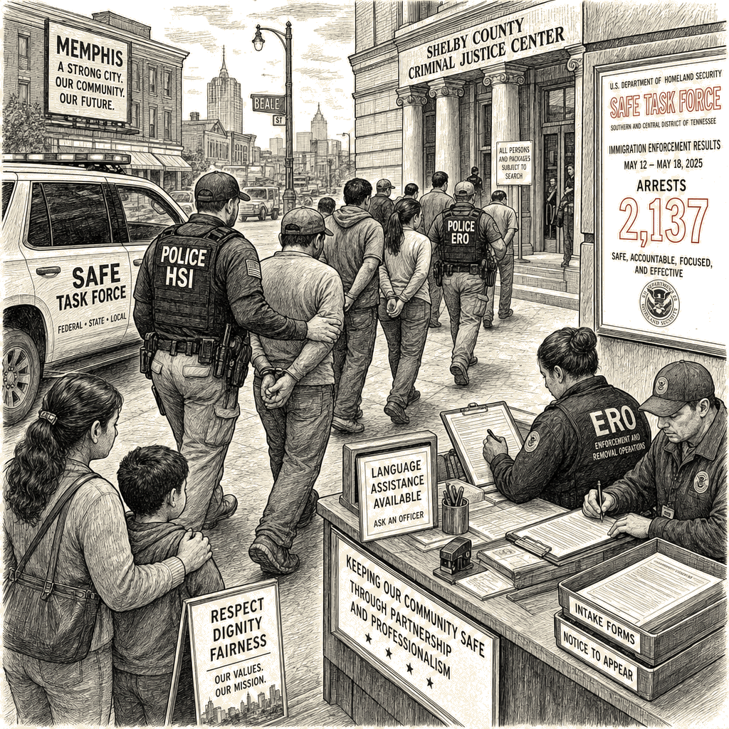 Illustration accompanying article: Memphis anti-crime task force leads to surge in immigration arrests