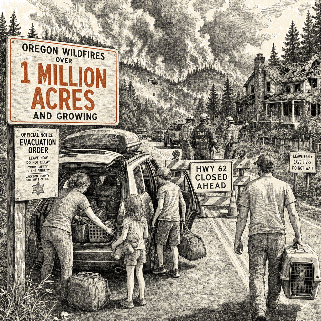 Illustration accompanying article: Oregon wildfires burn over 1 million acres, thousands under evacuation orders