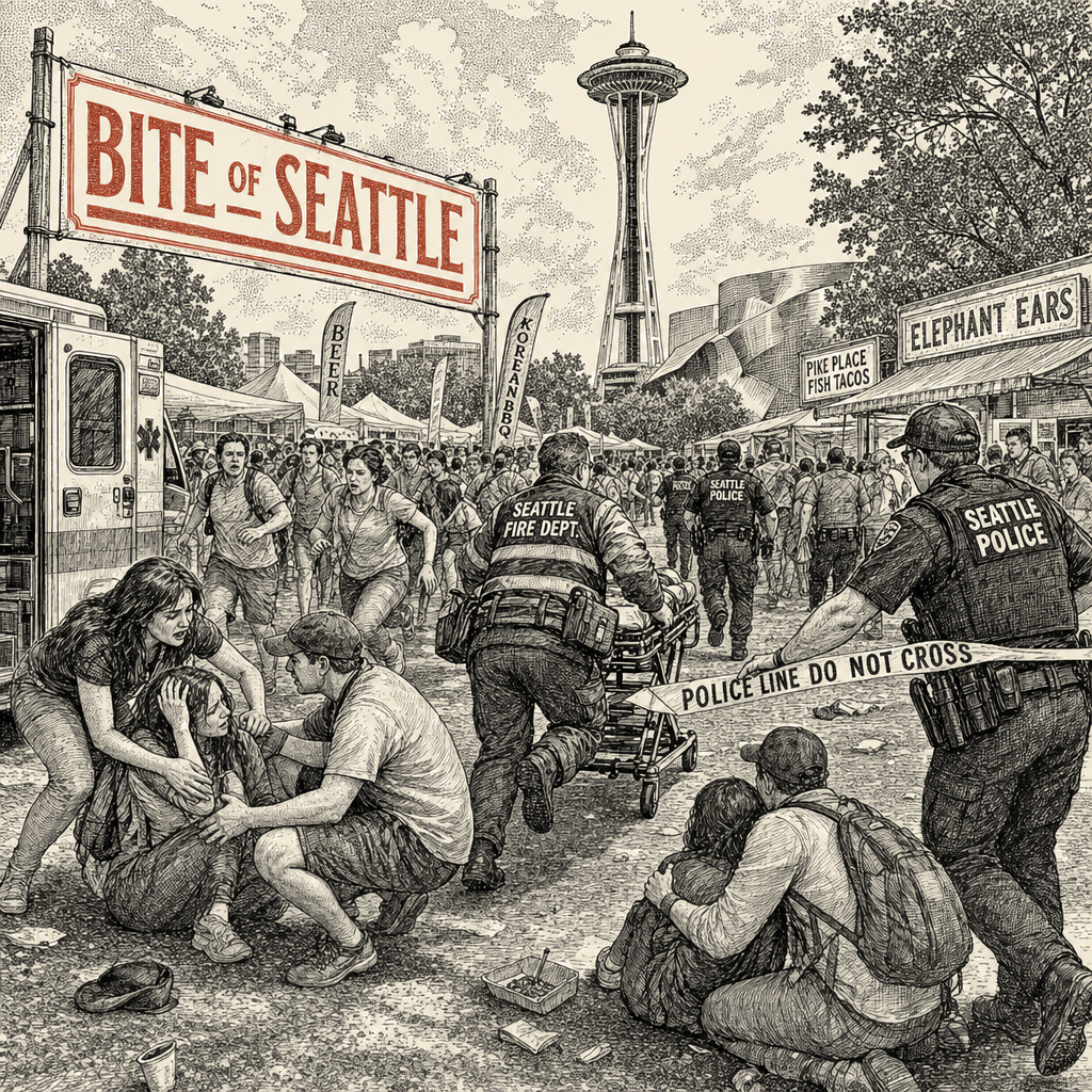 Illustration accompanying article: Three die in shooting at Seattle food festival near Space Needle
