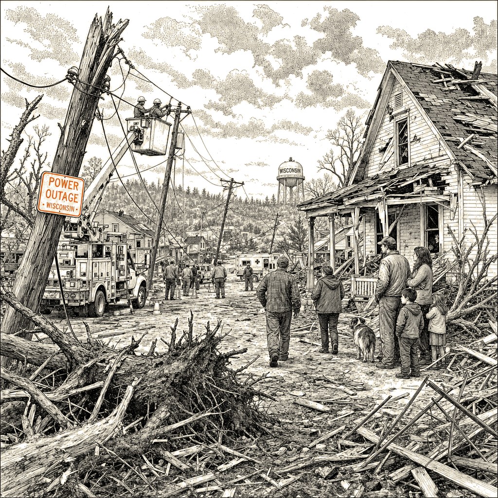 Illustration accompanying article: Tornado damages homes, knocks out power in Wisconsin