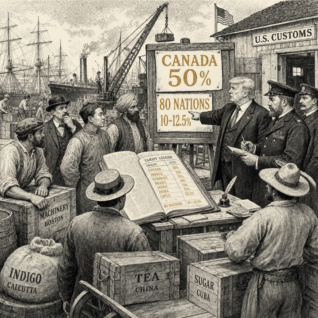 Illustration accompanying article: Trump imposes 50% tariff on Canada, new tariffs on 80 nations