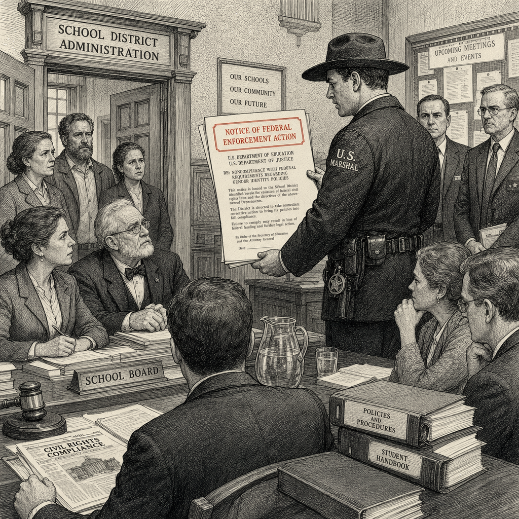 Illustration accompanying article: U.S. Education and Justice departments enforce against school districts for gender…