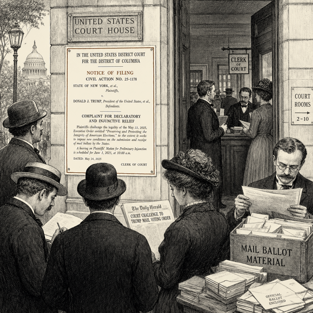 Illustration accompanying article: Appeals court rules challenge to Trump mail voting order premature
