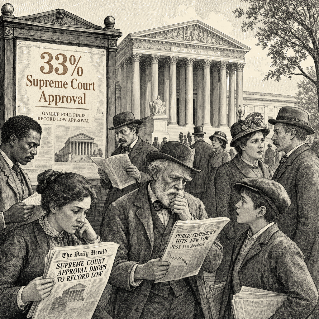 Illustration accompanying article: Approval of Supreme Court drops to record low 33%, Gallup finds