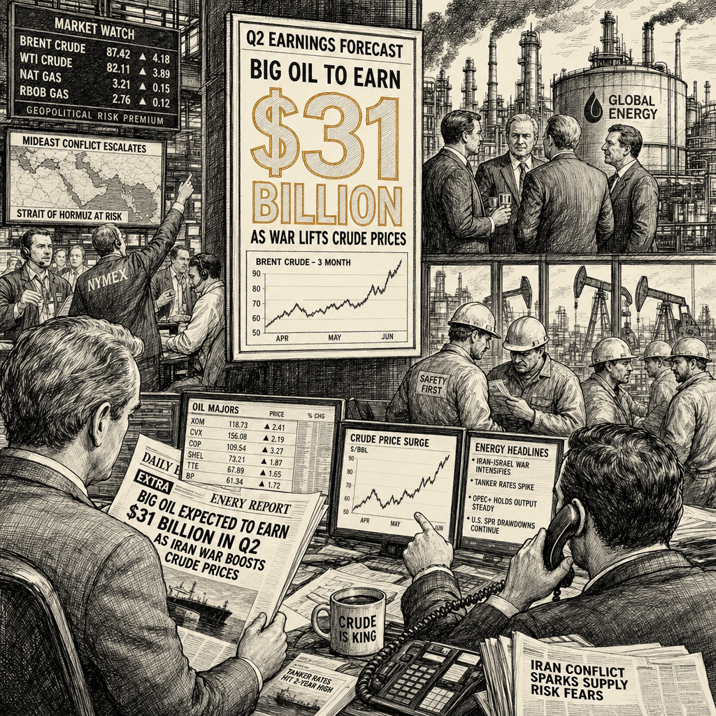 Illustration accompanying article: Big Oil Expected to Earn $31 Billion in Q2 as Iran War Boosts Crude Prices