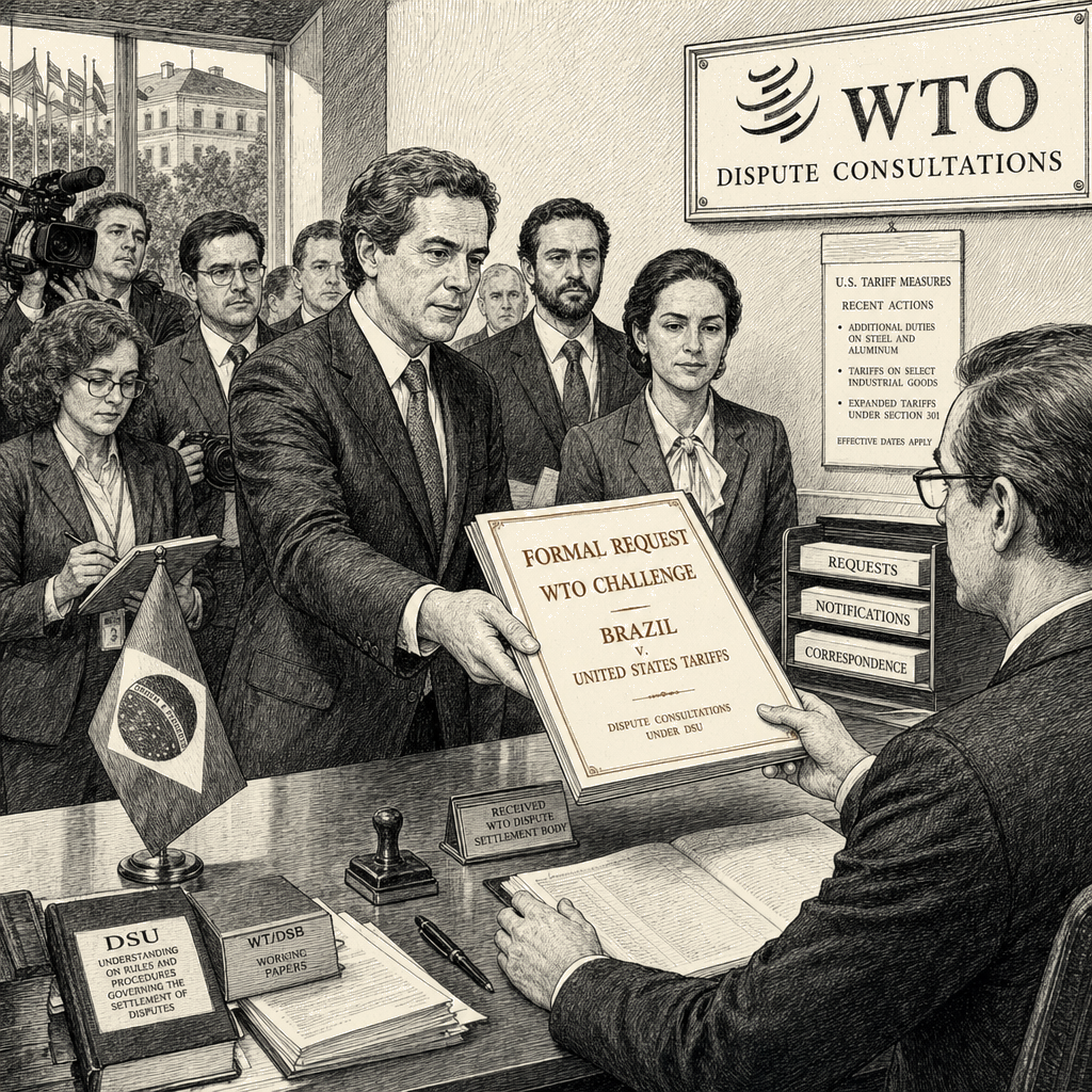 Illustration accompanying article: Brazil opens formal WTO challenge against U.S. tariffs