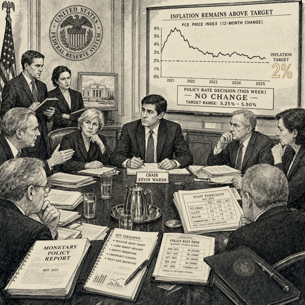 Illustration accompanying article: Fed Chair Warsh faces pressure to hike rates as inflation holds above target