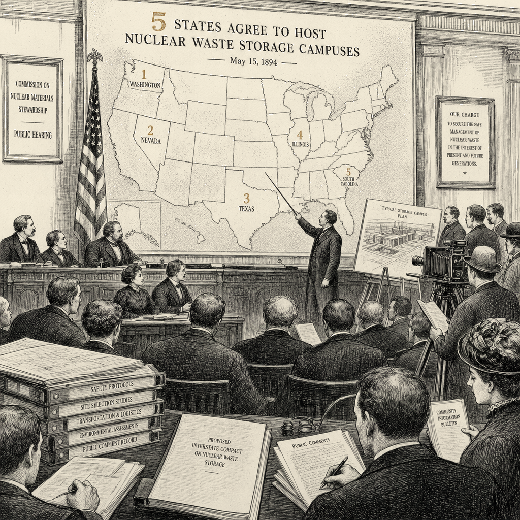 Illustration accompanying article: Five states agree to host nuclear waste storage campuses