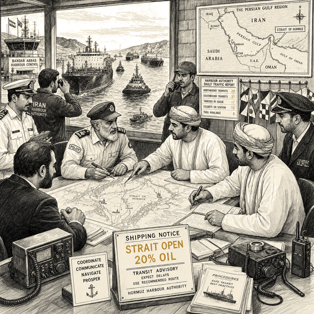 Illustration accompanying article: Iran, Oman seek reopening of Strait of Hormuz in narrow talks