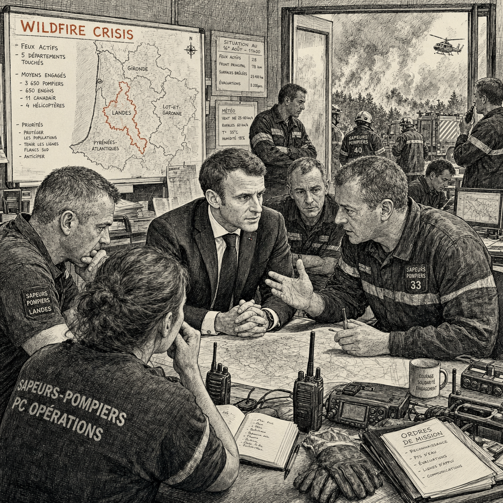 Illustration accompanying article: Macron warns France faces worst wildfire crisis since World War II
