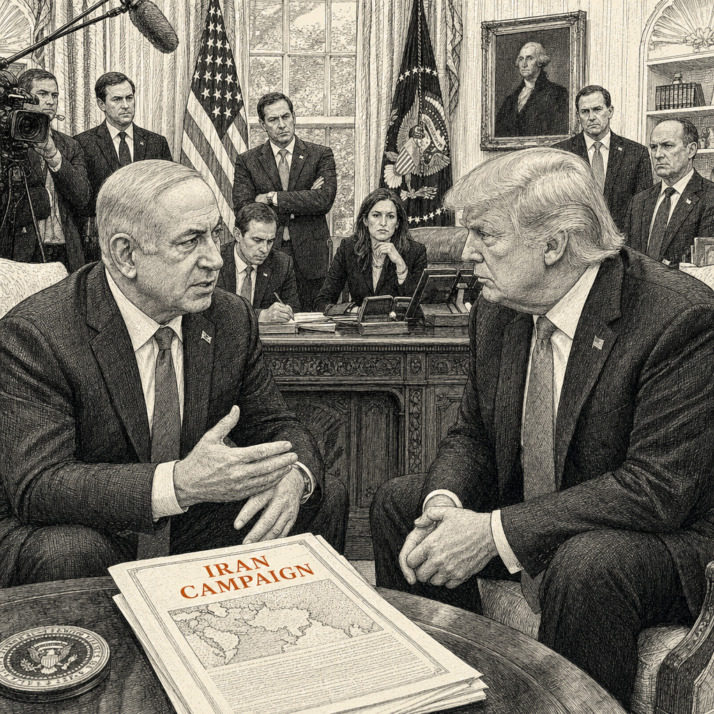 Illustration accompanying article: Netanyahu, Trump hold first face-to-face meeting since launching Iran war