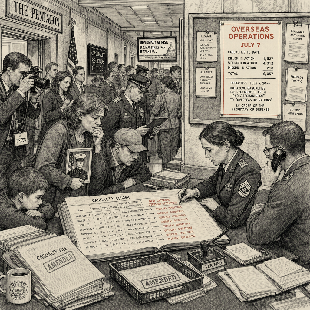 Illustration accompanying article: Pentagon reclassifies Iran war casualties as Trump threatens to resume military action