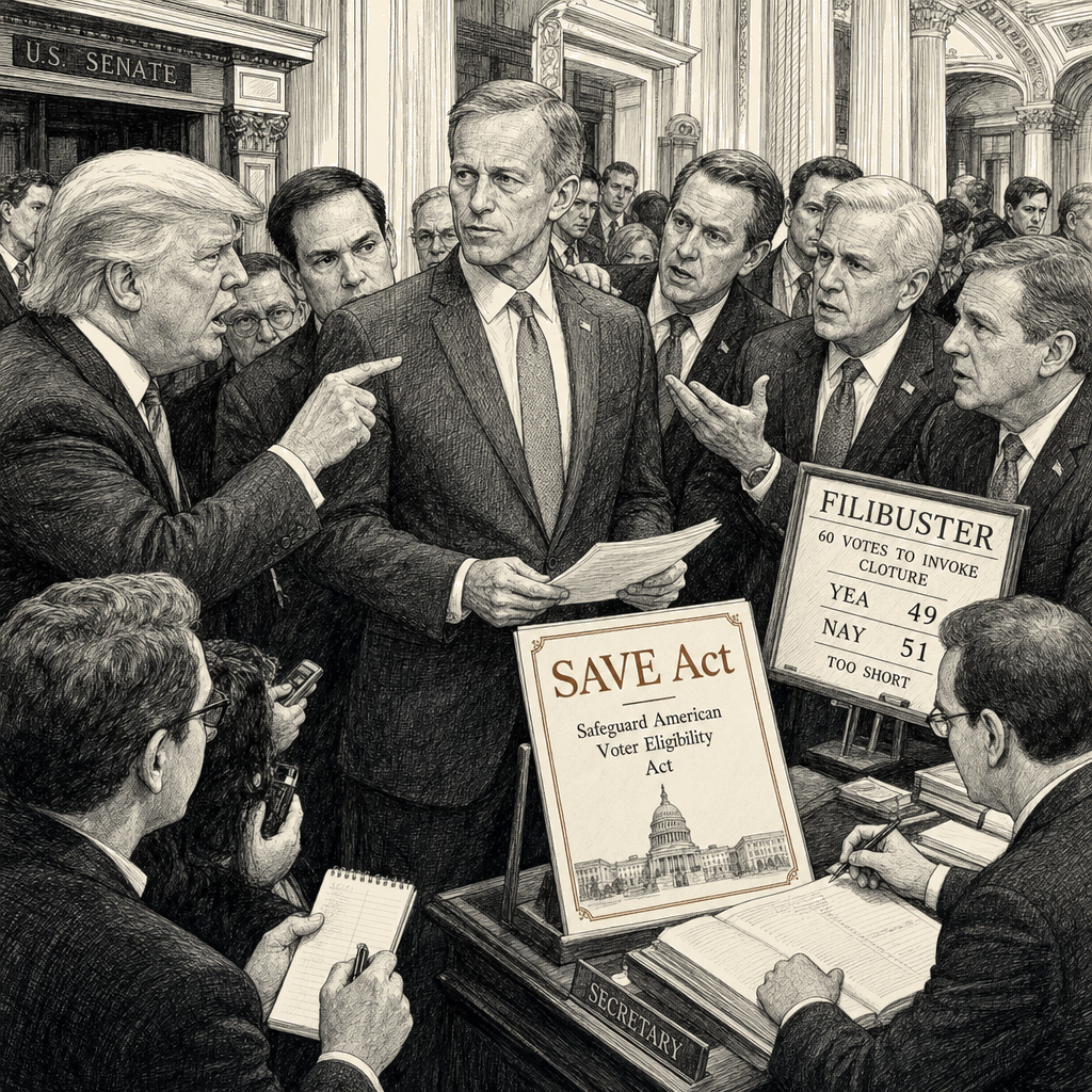 Illustration accompanying article: Senate GOP leader Thune faces pressure from Trump to eliminate filibuster for SAVE Act