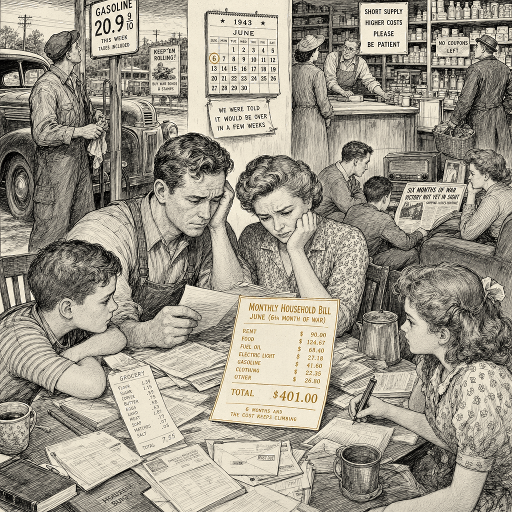 Illustration accompanying article: War's costs ripple through American households as campaign enters sixth month