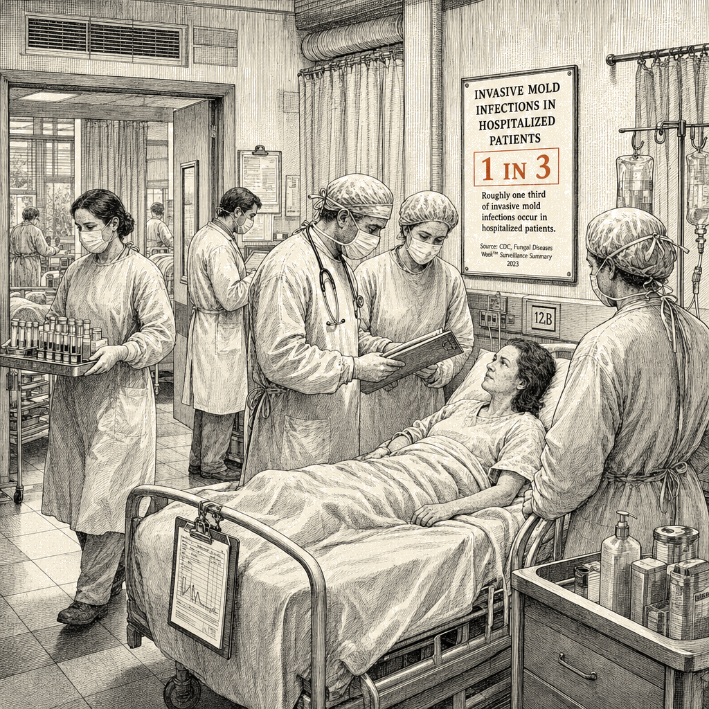 Illustration accompanying article: CDC study finds invasive mold infections kill roughly a third of hospitalized patients
