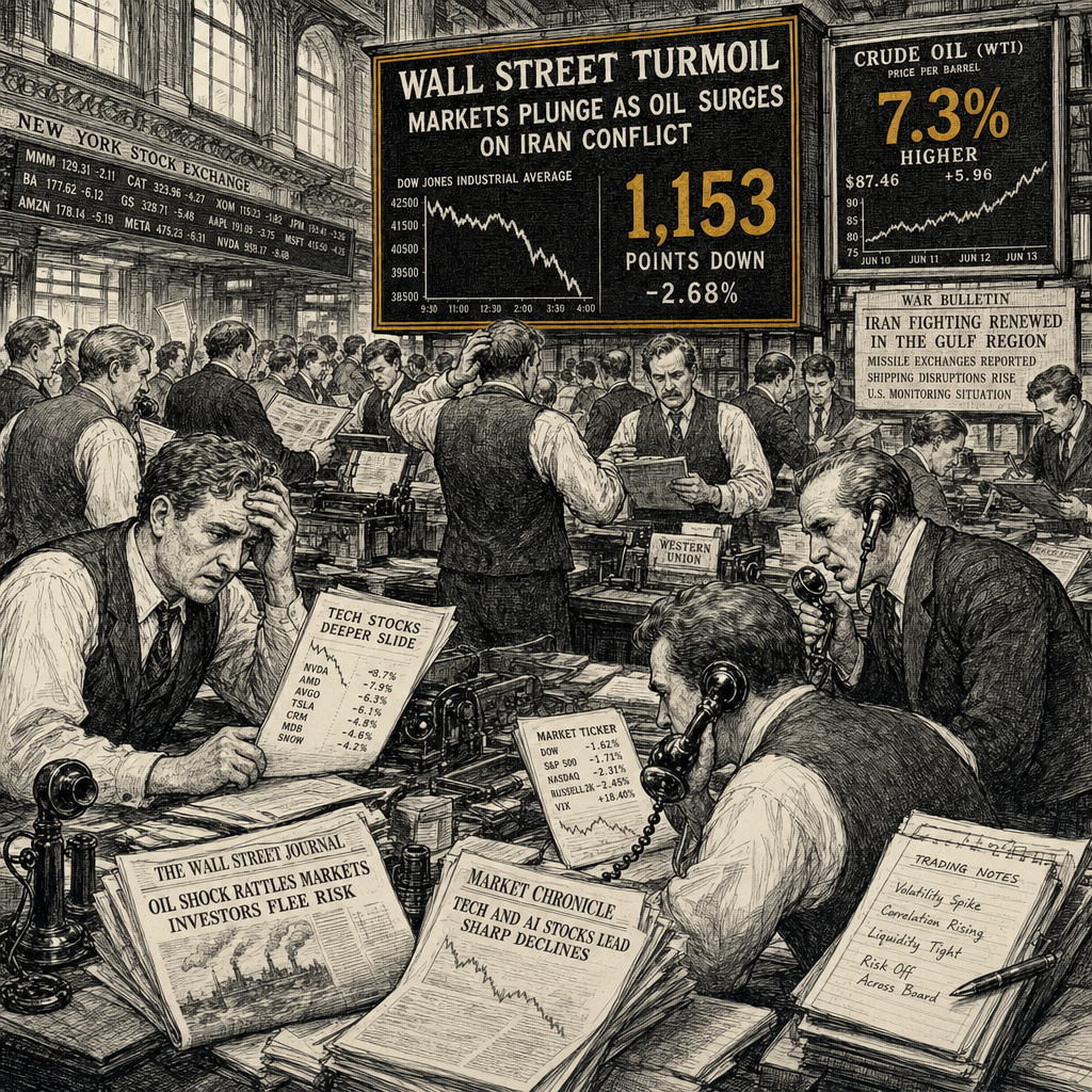 Illustration accompanying article: Dow drops 1,153 points as oil surges 7.3% on resumed Iran fighting