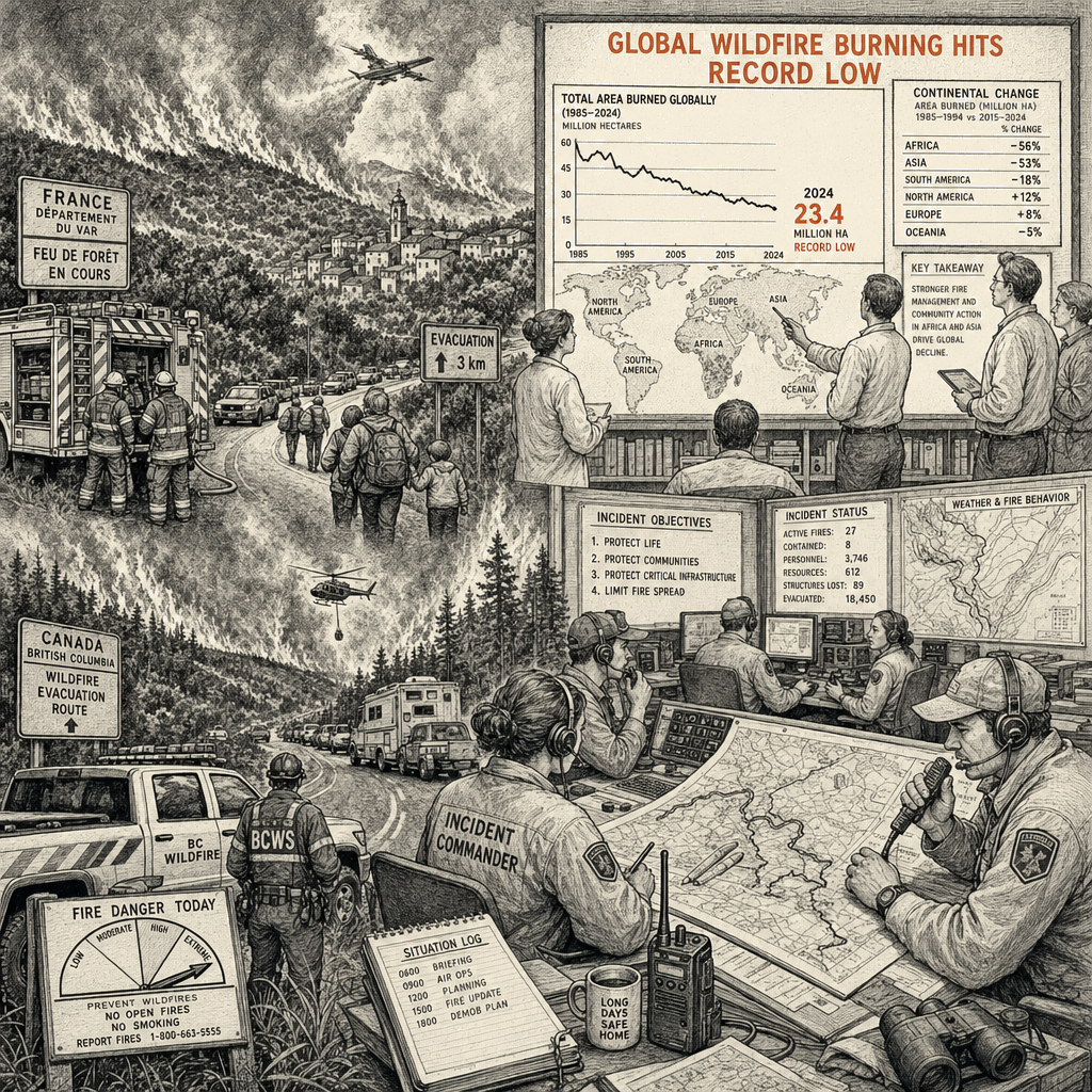 Illustration accompanying article: Global wildfire burning hits record low despite extreme fires in Europe and North America