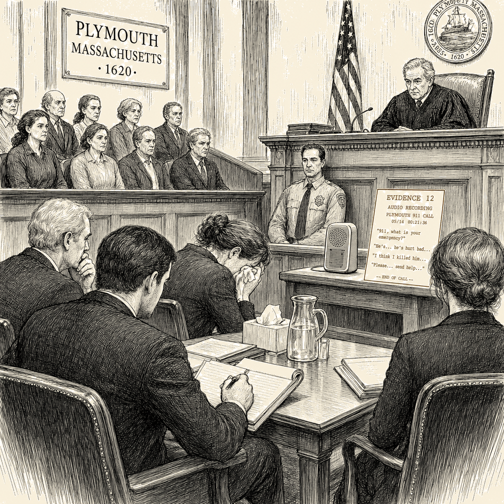 Illustration accompanying article: Lindsay Clancy sobs in court as jury hears husband's 911 call