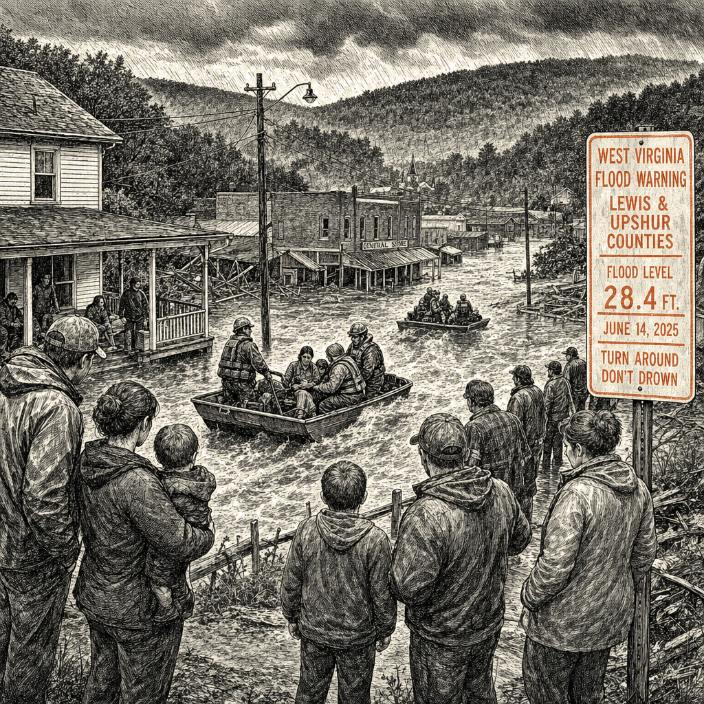 Illustration accompanying article: West Virginia flood kills 2 as prevention plans remain largely unfulfilled