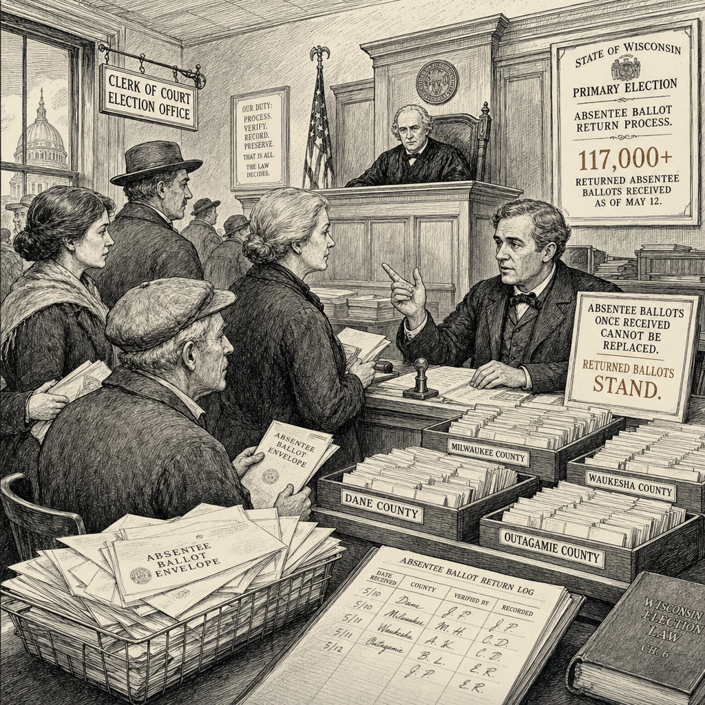 Illustration accompanying article: Wisconsin judge rules absentee voters cannot replace returned primary ballots