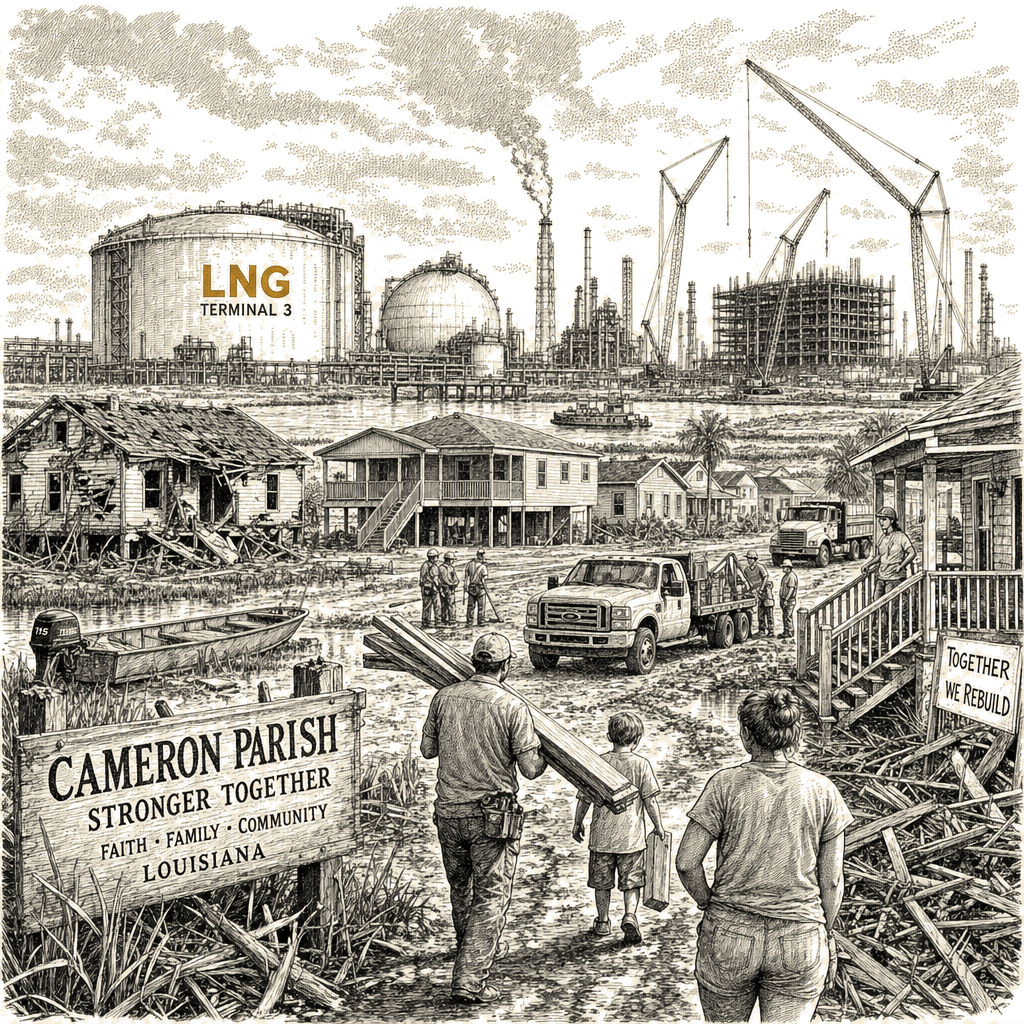 Illustration accompanying article: Cameron Parish LNG boom transforms hurricane-ravaged Louisiana community