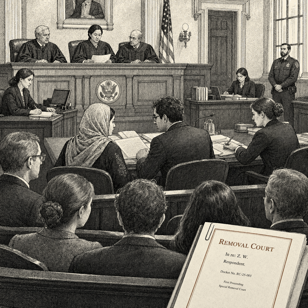 Illustration accompanying article: Justice Department activates Alien Terrorist Removal Court to seek deportation of Texas…