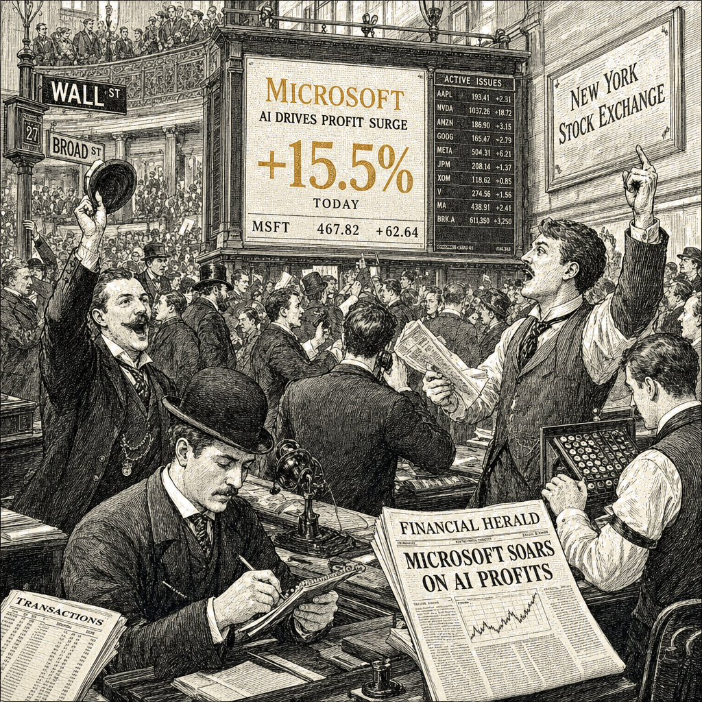 Illustration accompanying article: Microsoft surges 15.5% on AI profit signal, lifting Wall Street