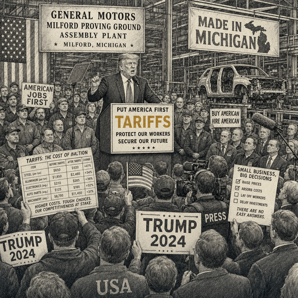 Illustration accompanying article: Trump rallies in Michigan as tariffs become key issue for midterms