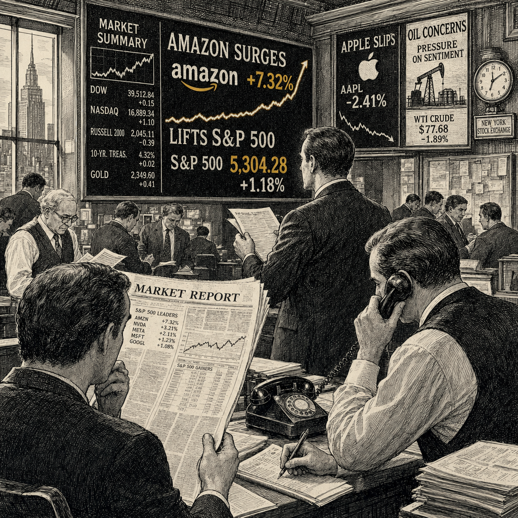 Illustration accompanying article: Amazon surge lifts S&P 500 as Apple drop and oil concerns weigh