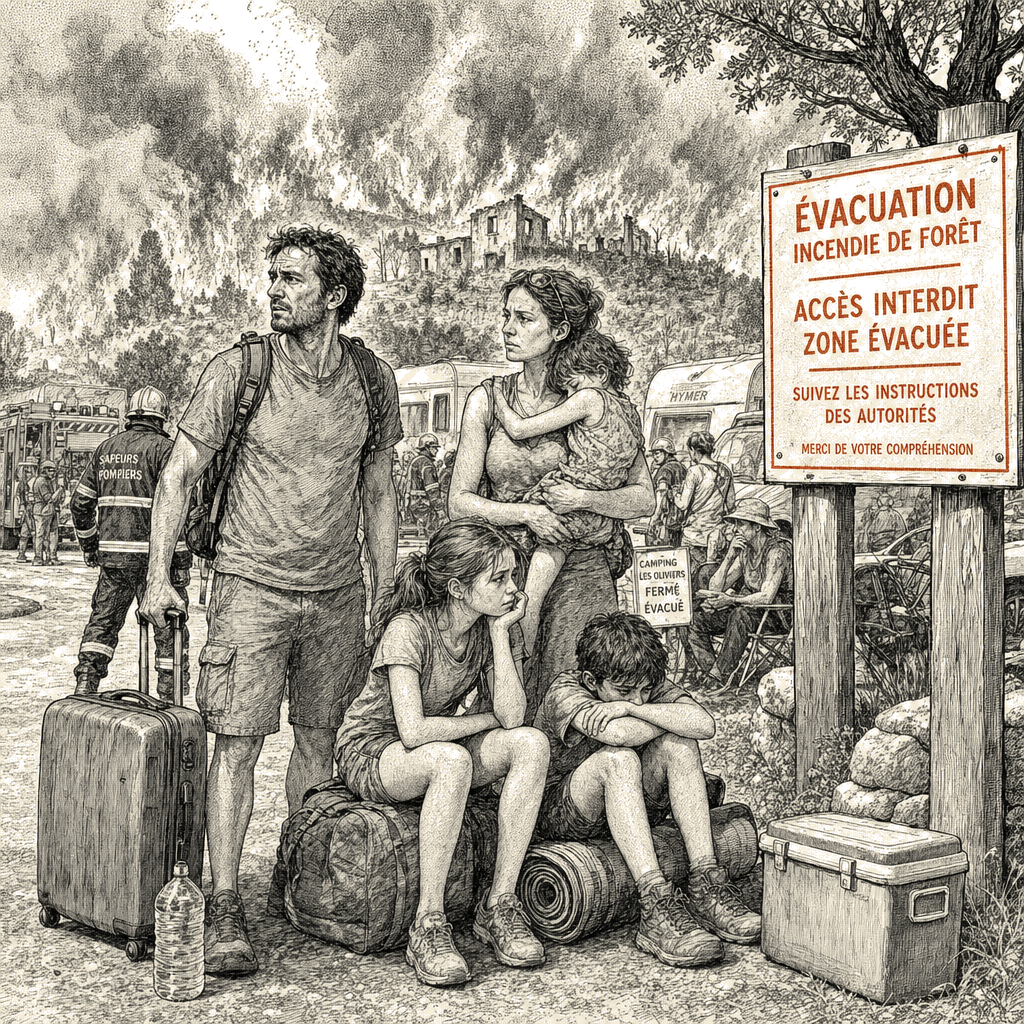 Illustration accompanying article: American family trapped in French wildfire zone for four days