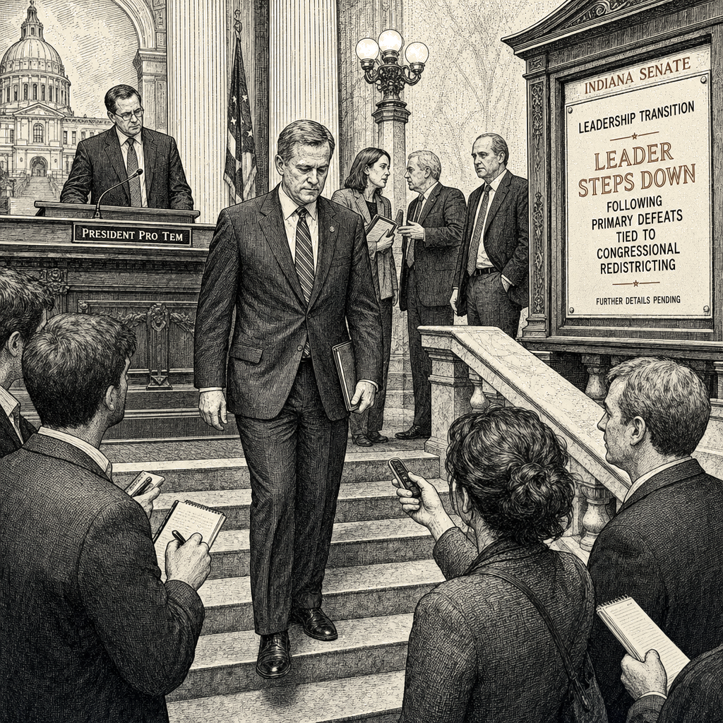 Illustration accompanying article: Bray steps down as Indiana Senate leader after primary defeats over redistricting