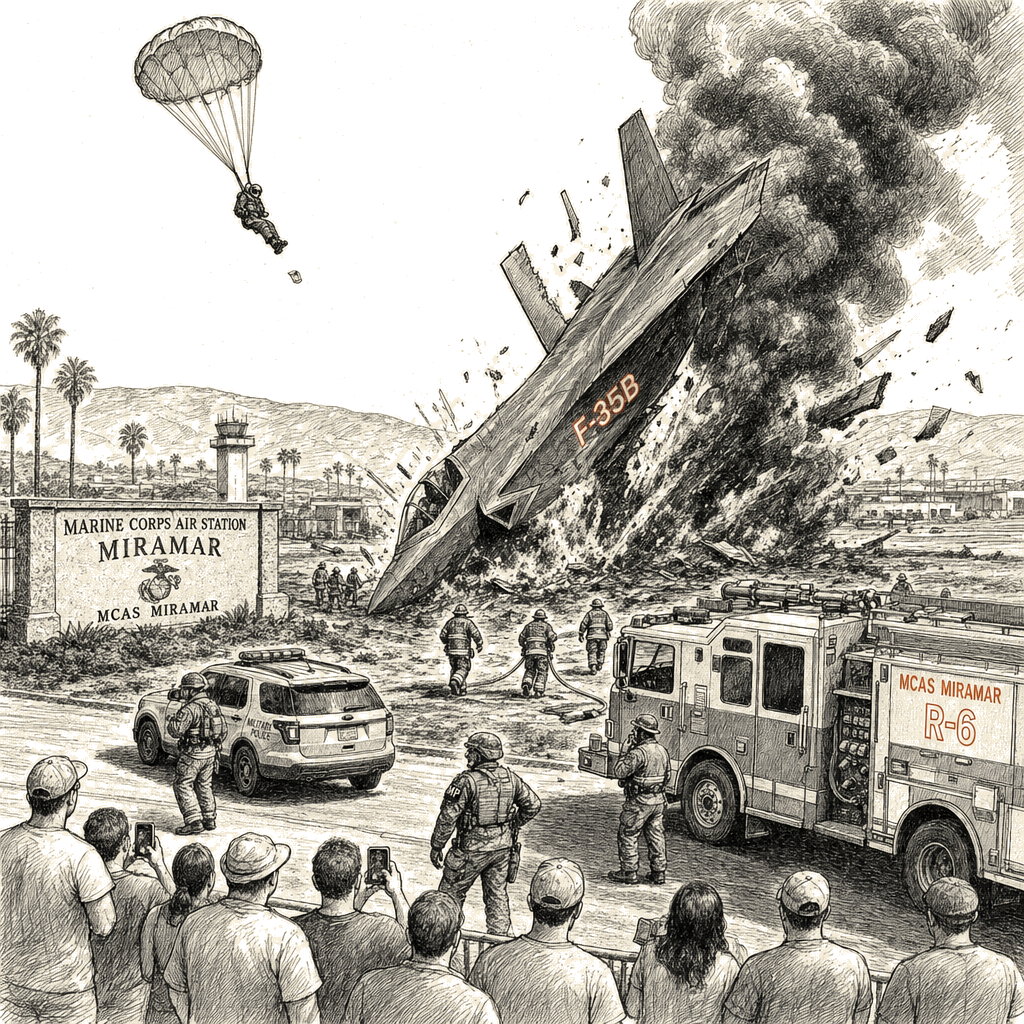Illustration accompanying article: F-35B jet crashes near Miramar Air Base, pilot ejects
