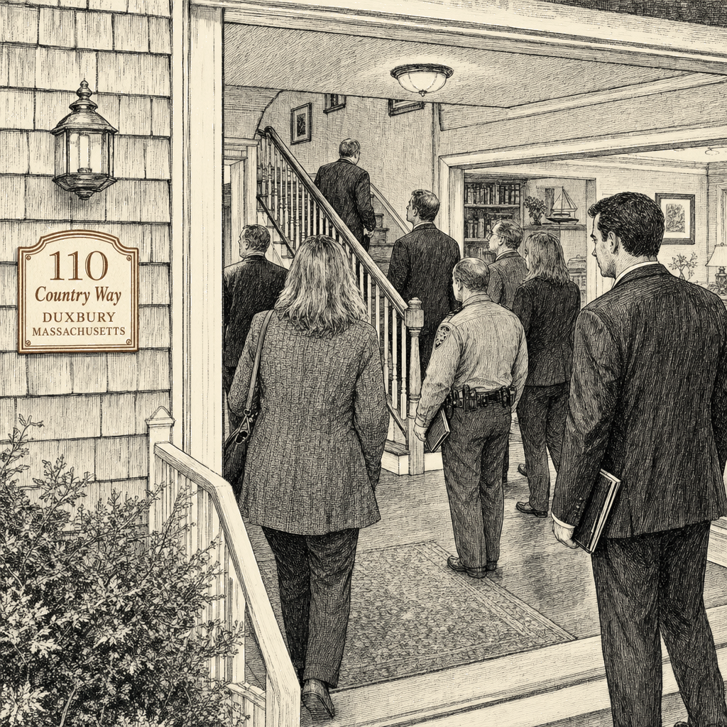 Illustration accompanying article: Jurors visit Massachusetts home where Lindsay Clancy killed three children
