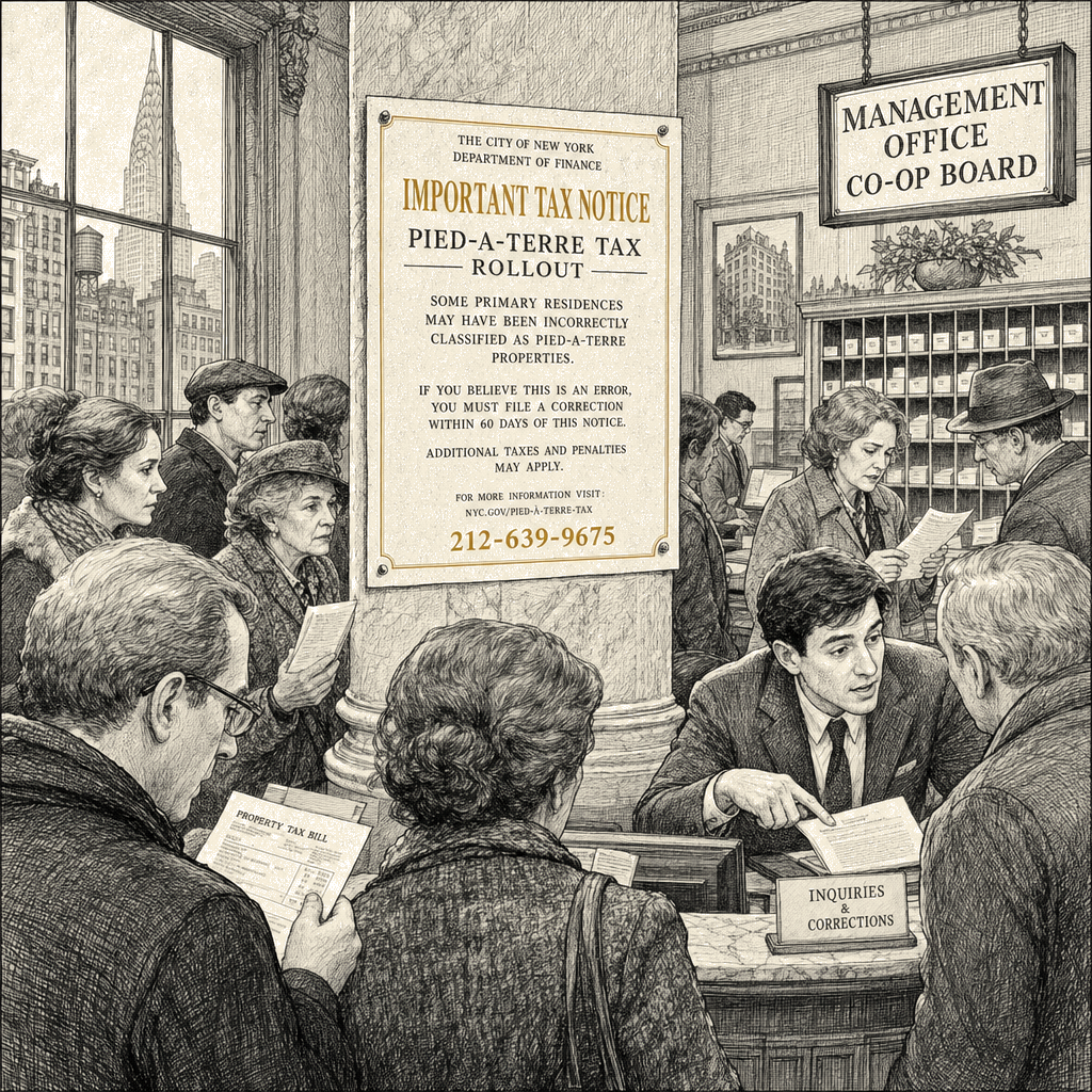 Illustration accompanying article: NYC homeowners say pied-à-terre tax rollout incorrectly targets primary residences