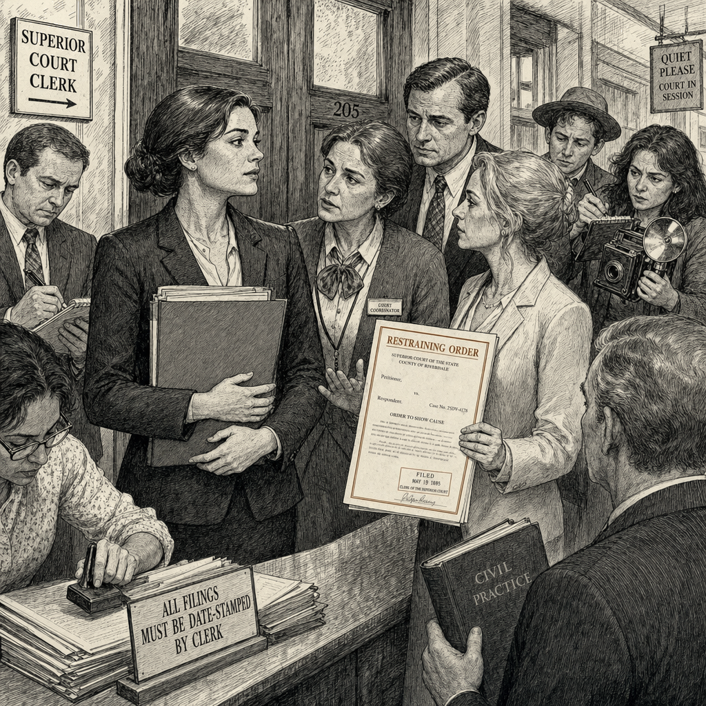 Illustration accompanying article: Rep. Miller's ex-wife files restraining order alleging he grabbed her attorney