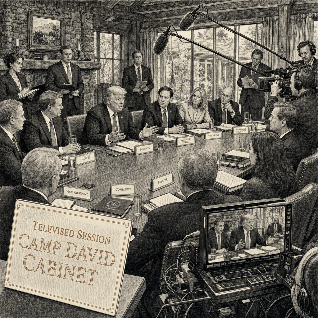 Illustration accompanying article: Televised Camp David Cabinet session offers Trump midterm platform