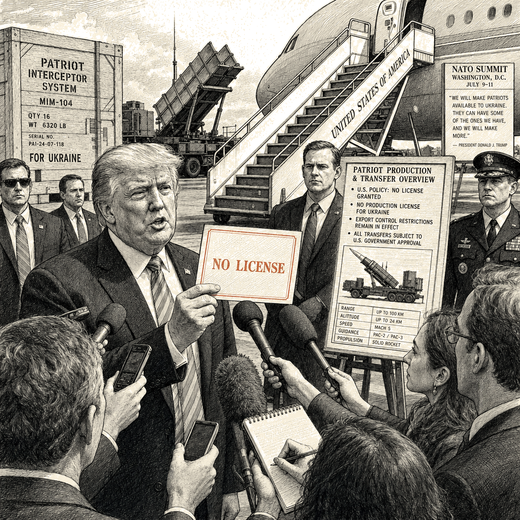 Illustration accompanying article: Trump says US has not agreed to Ukraine Patriot production license