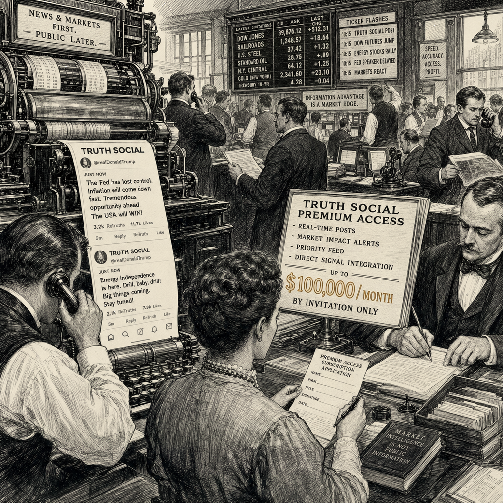 Illustration accompanying article: Trump Media charges up to $100,000 a month for early Truth Social access