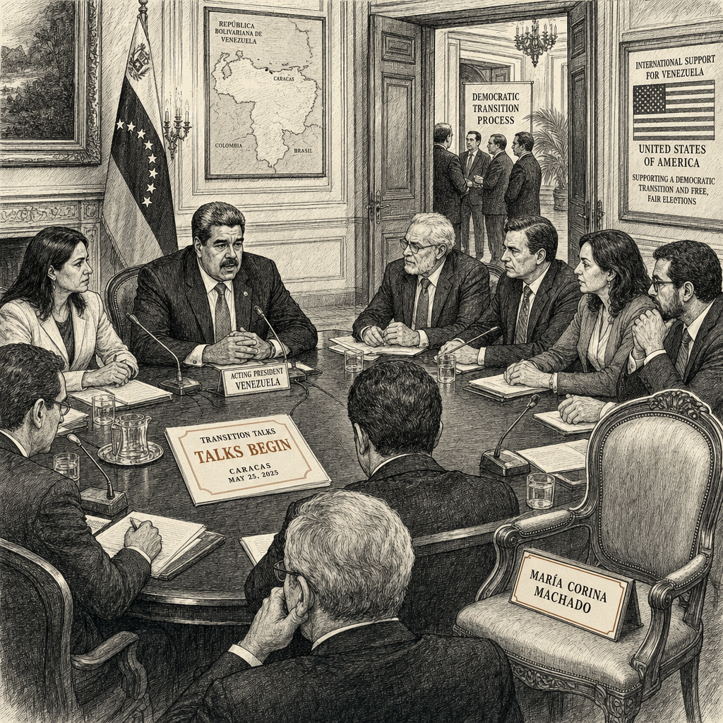 Illustration accompanying article: U.S.-backed Venezuela democracy talks begin without opposition leader Machado