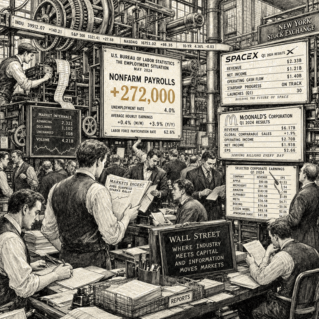Illustration accompanying article: Wall Street gears for jobs report, SpaceX earnings, McDonald's results