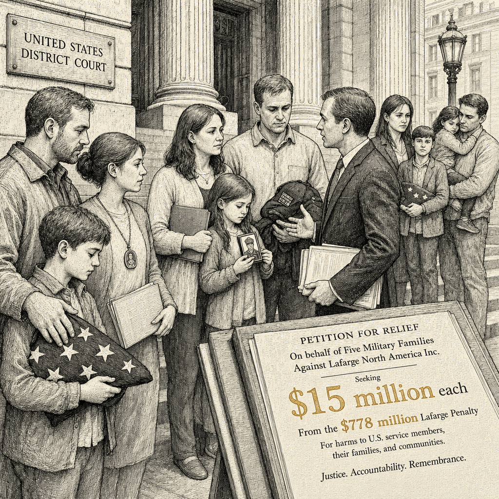 Illustration accompanying article: Military families seek $15 million each from $778 million Lafarge penalty