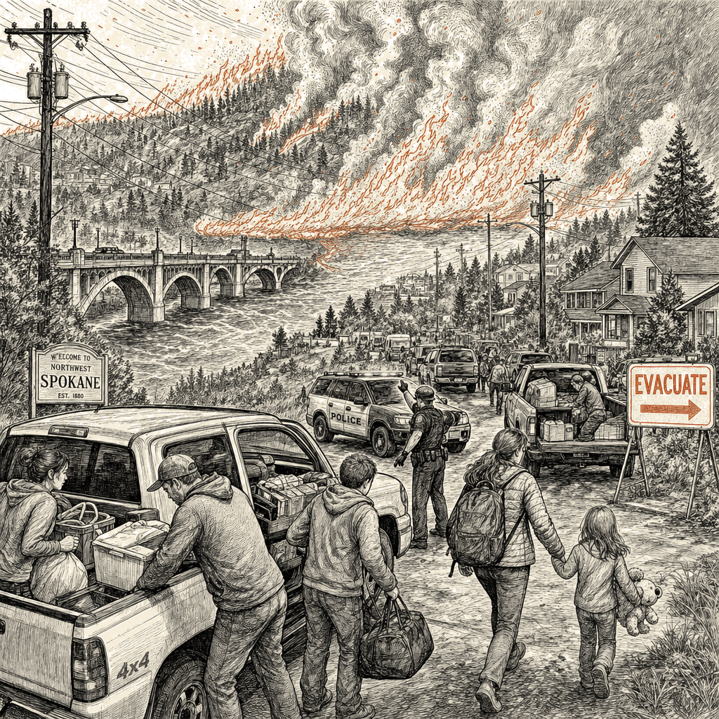 Illustration accompanying article: Old Trails Fire jumps Spokane River, prompts thousands to evacuate